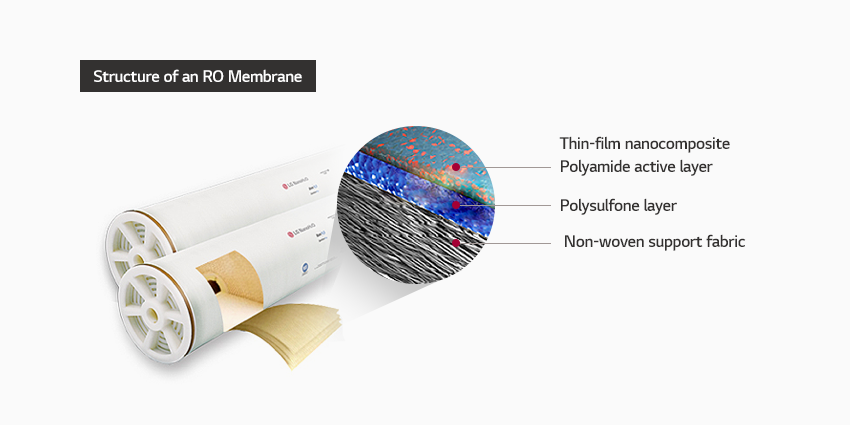 RO membrane cross-section: Nonwoven fabric, Polysulfone support, Polyamide active layer